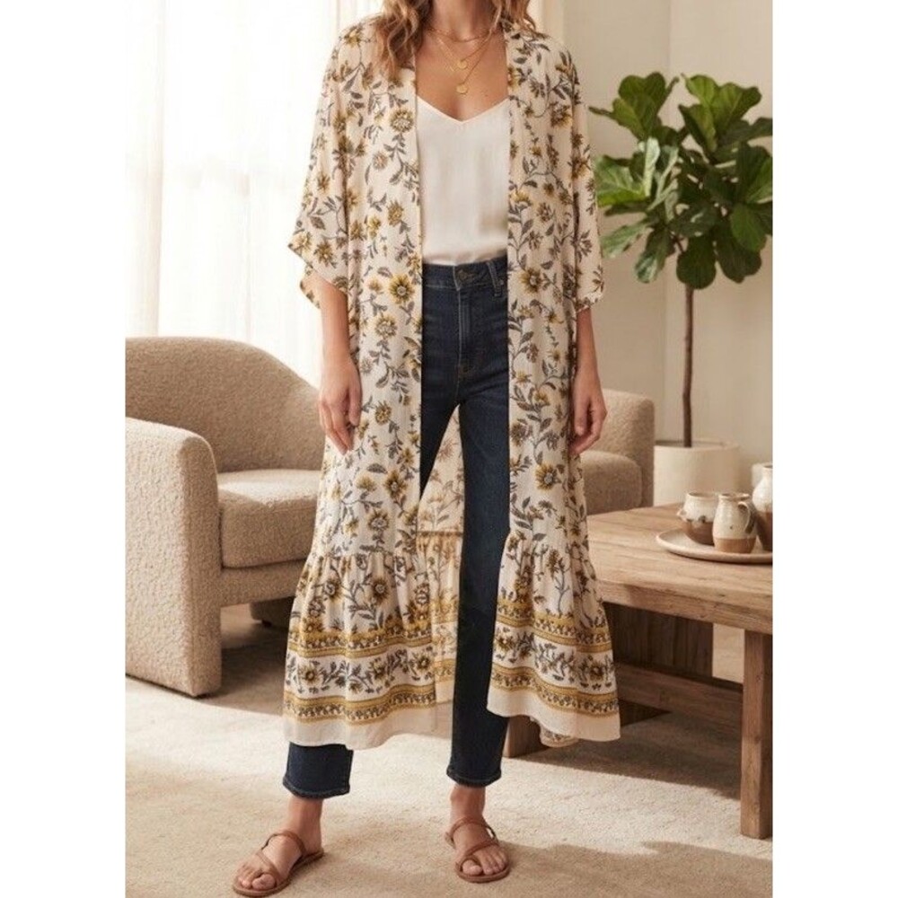 Women's Long Floral Duster Cardigan Kimono Boho Open Front Ruffle Hem S cottage
